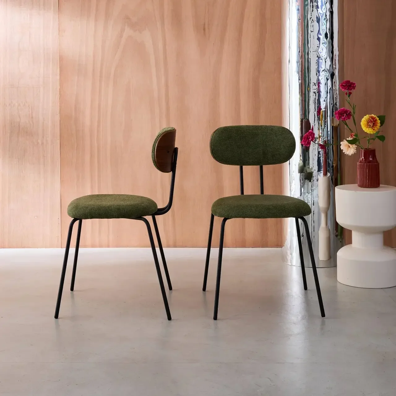 Modern walnut wood chairs with waterproof black fabric set of 2