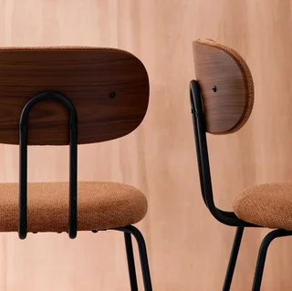 Set of 2 curved walnut wood design chairs waterproof fabric black metal legs Erin