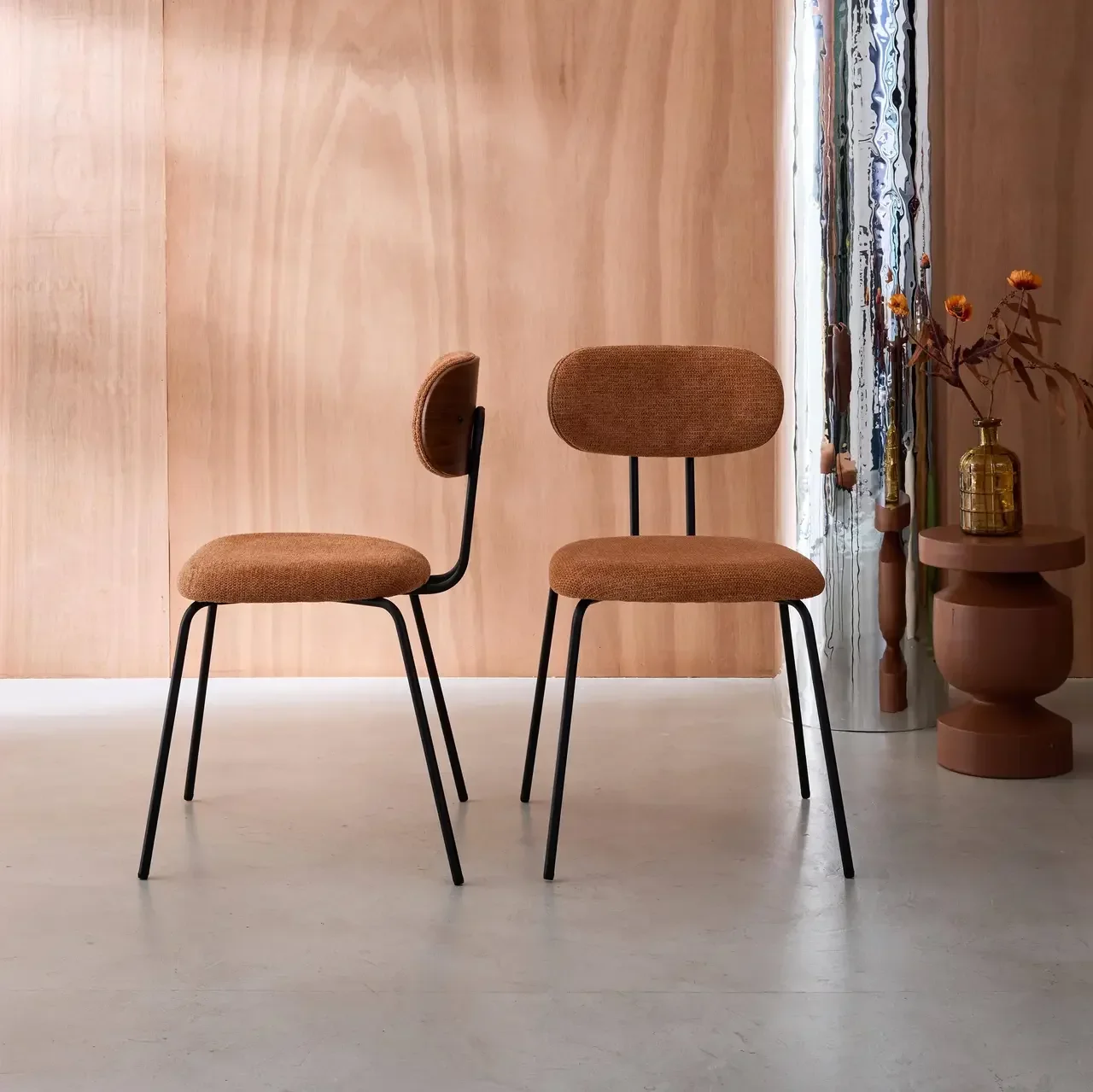 Set of 2 curved walnut wood design chairs waterproof fabric black metal legs Erin