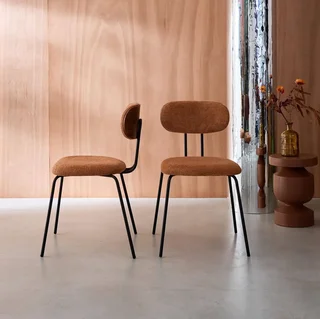 Set of 2 curved walnut wood design chairs waterproof fabric black metal legs Erin