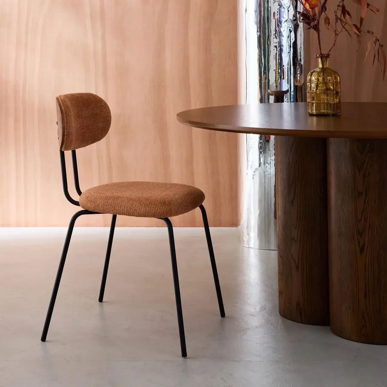 Set of 2 curved walnut wood design chairs waterproof fabric black metal legs Erin