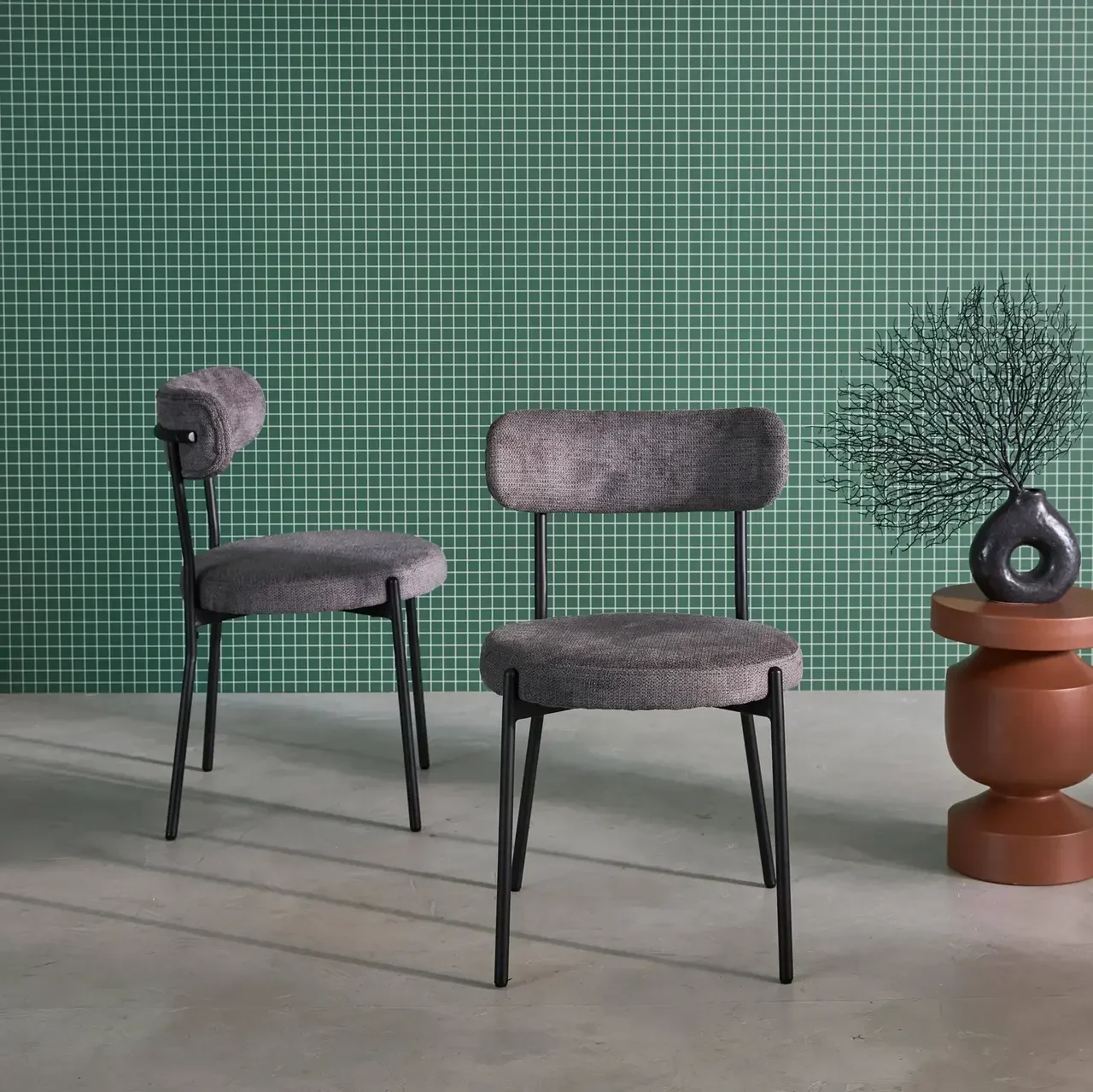 Modern metal and black chenille chair - Set of 2 Livia
