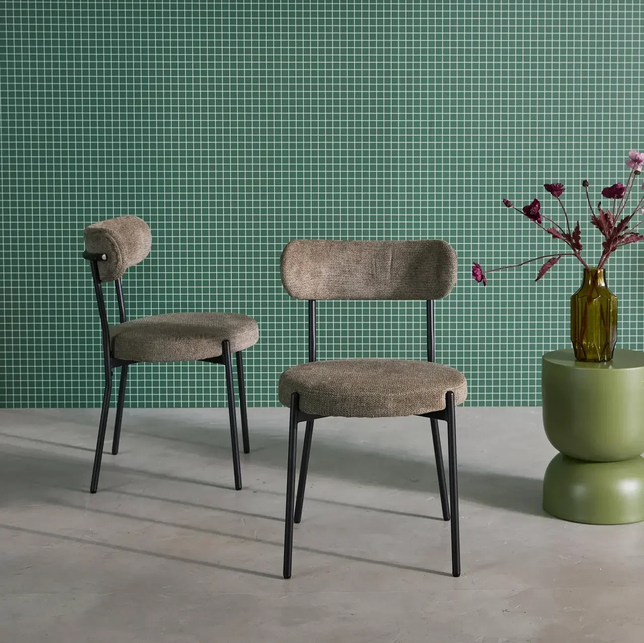 Black chenille metal designer chairs set of 2 Livia