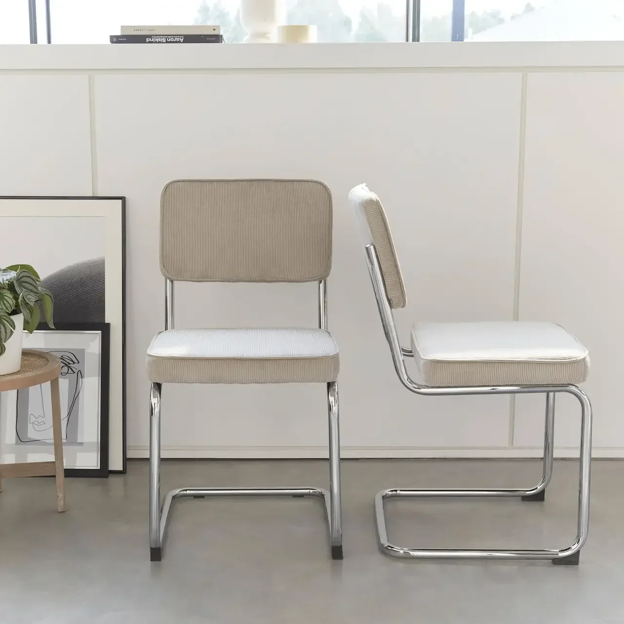 Chaise Maja velours côtelé greige sans pieds arrière acier - Lot de 2