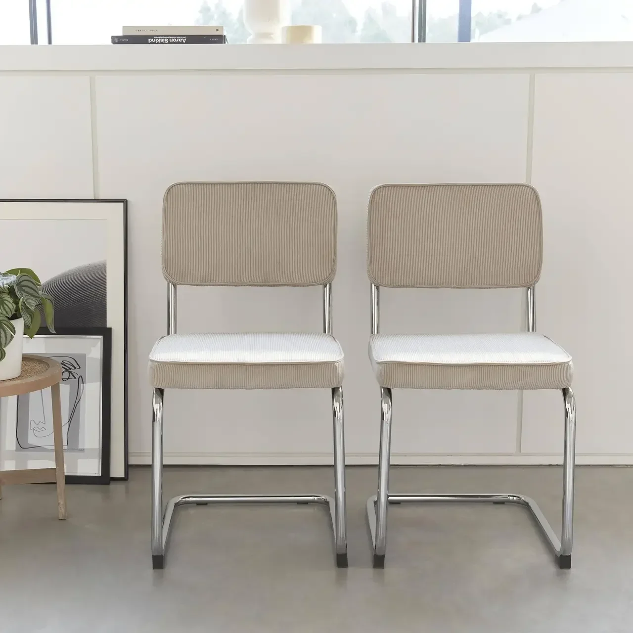 Chaise Maja velours côtelé greige sans pieds arrière acier - Lot de 2