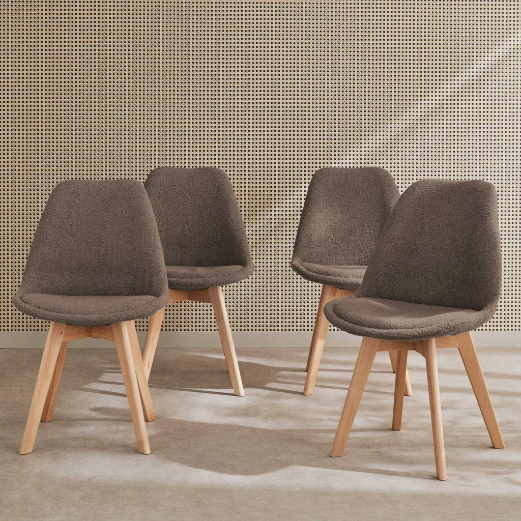 Chaise scandinave hêtre massif tissu bouclette - Lot de 4
