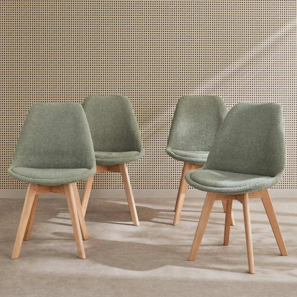 Chaise design scandinave hêtre massif tissu bouclette lot 4