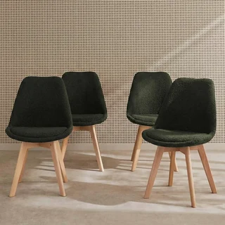 Chaise design scandinave hêtre massif tissu bouclette lot 4