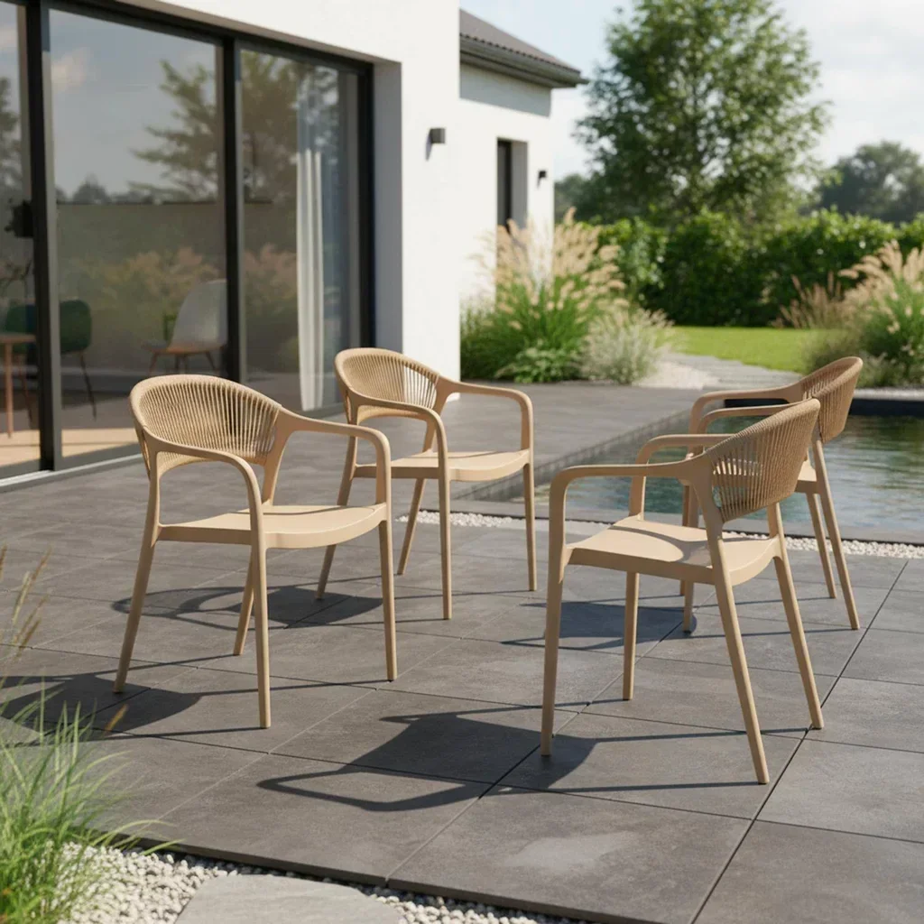 Stapelbarer Gartenstuhl Seiloptik Jovia 4er Set Grün Grau Terrasse