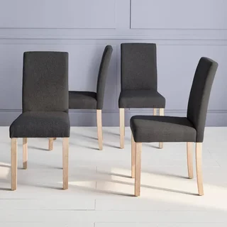 4 skandinavische Esszimmerstühle Hevea Holz weiß gewaschen Stoffsitz Set