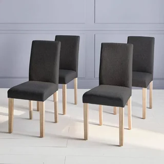 4 skandinavische Esszimmerstühle Hevea Holz weiß gewaschen Stoffsitz Set