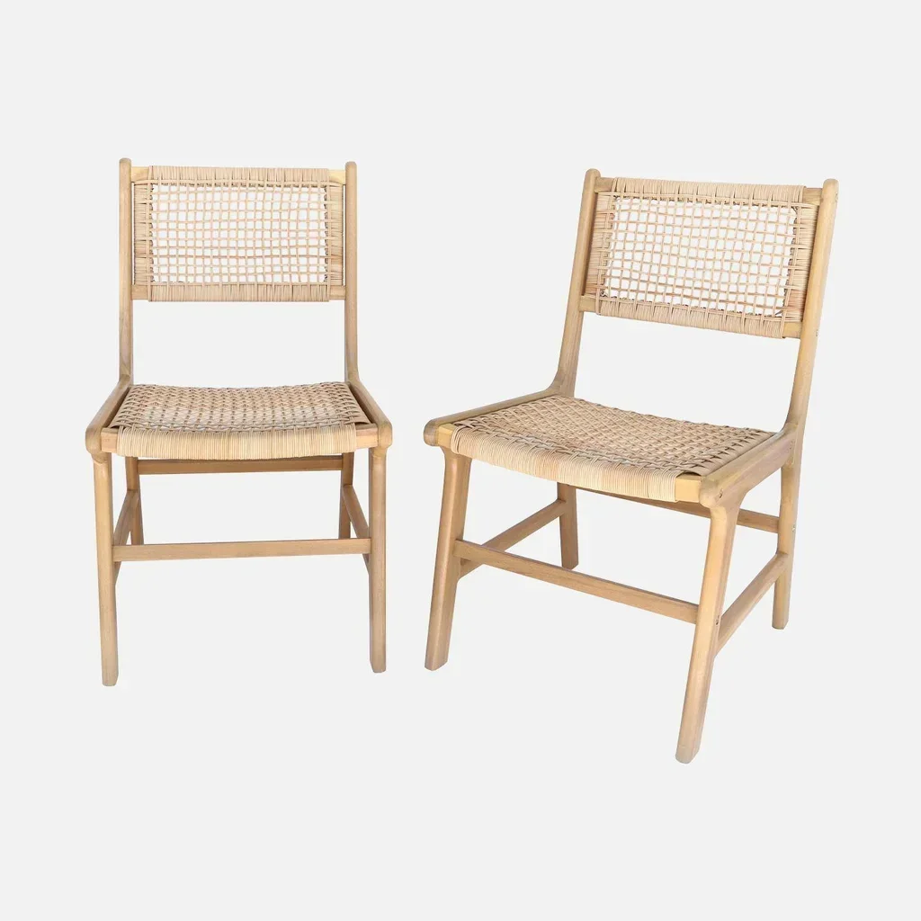 Silla exterior madera acacia respaldo de caña ratán trenzado lote 2