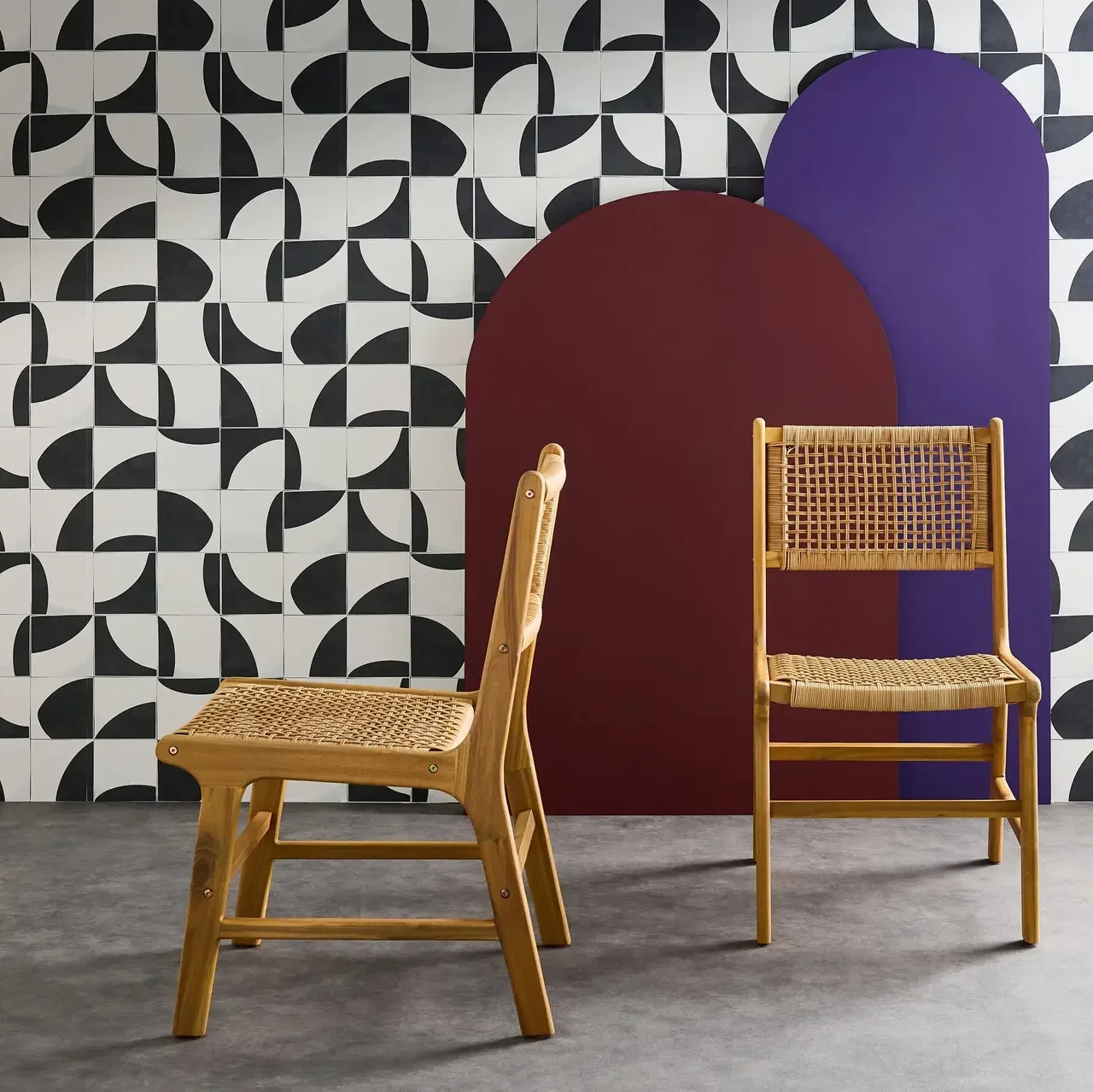 Silla exterior madera acacia respaldo de caña ratán trenzado lote 2