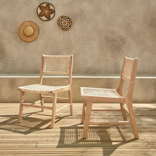Silla exterior madera acacia respaldo de caña ratán trenzado lote 2