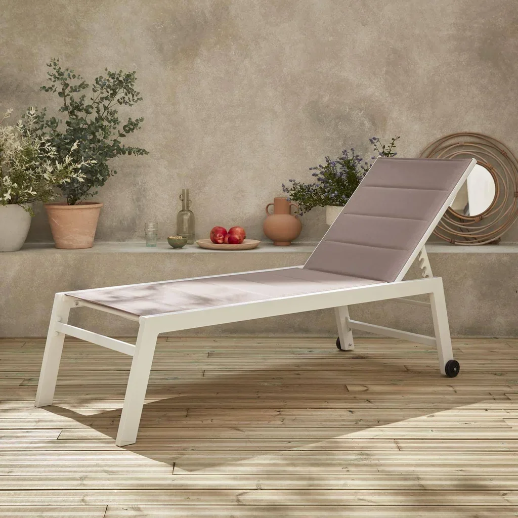 Chaise longue aluminium matelassée réglable 6 positions avec roulettes