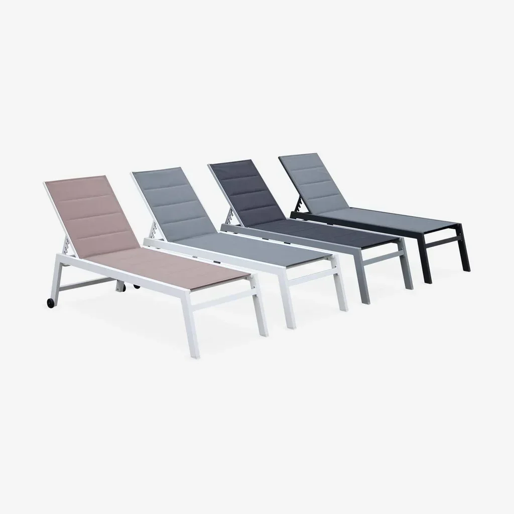 Chaise longue aluminium matelassée réglable 6 positions avec roulettes
