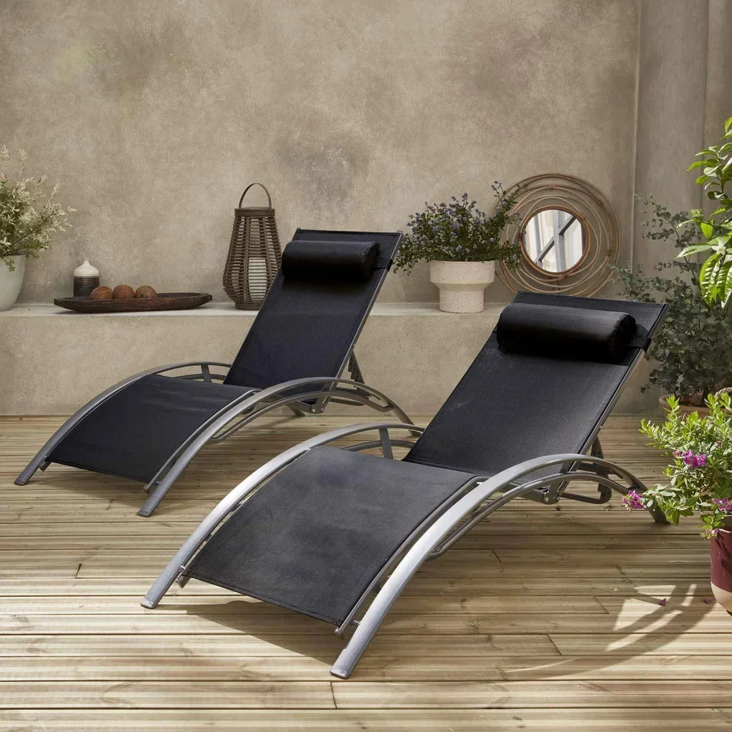 Chaise longue aluminium multi-positions lot de 2 bain de soleil Louisa