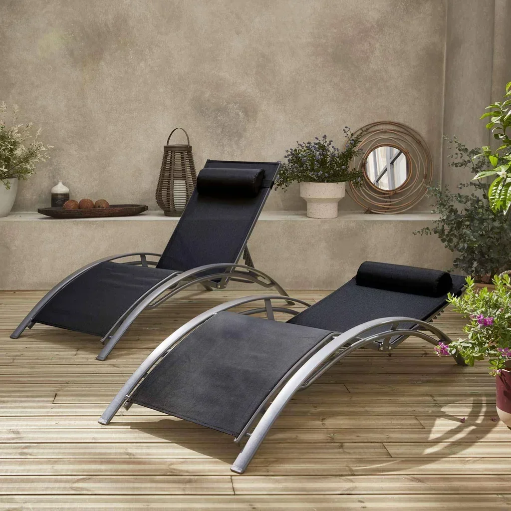 Chaise longue aluminium multi-positions lot de 2 bain de soleil Louisa