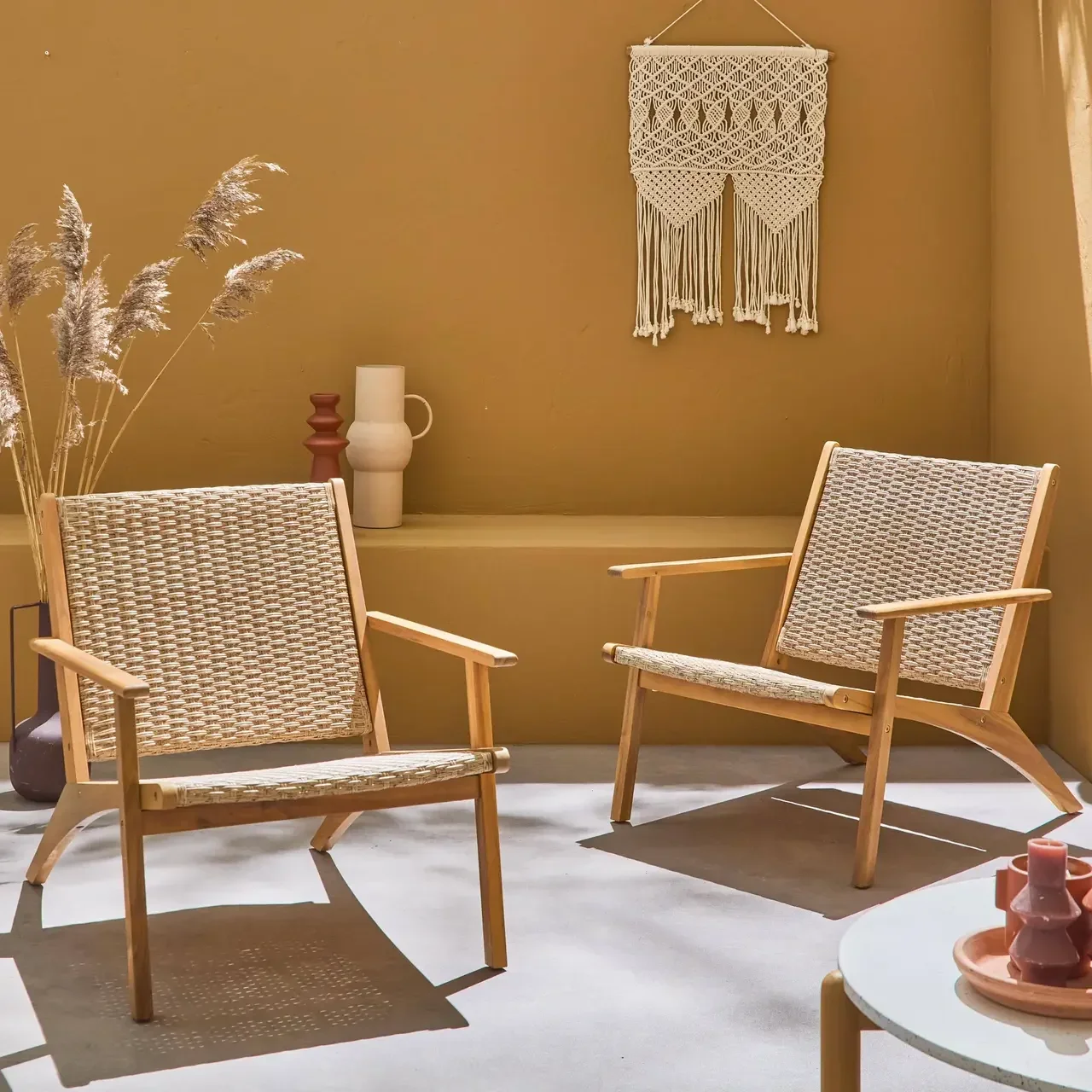 Duo de chaises longues jardin acacia résine tressée design naturel