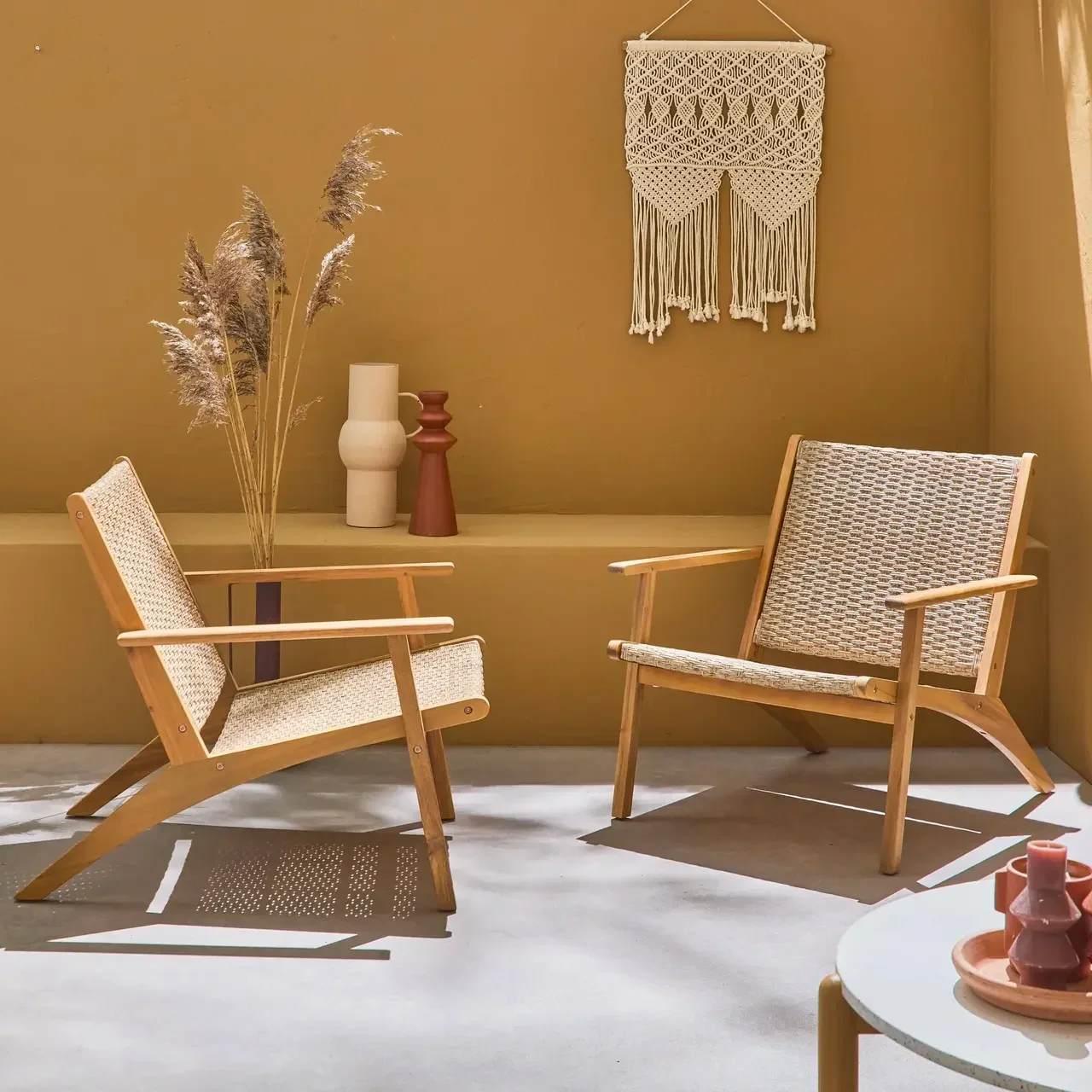Duo de chaises longues jardin acacia résine tressée design naturel