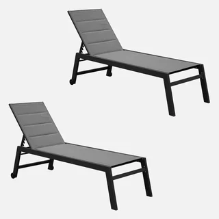 Conjunto 2 espreguiçadeiras jardim alumínio acolchoadas ajustáveis com rodas cinza