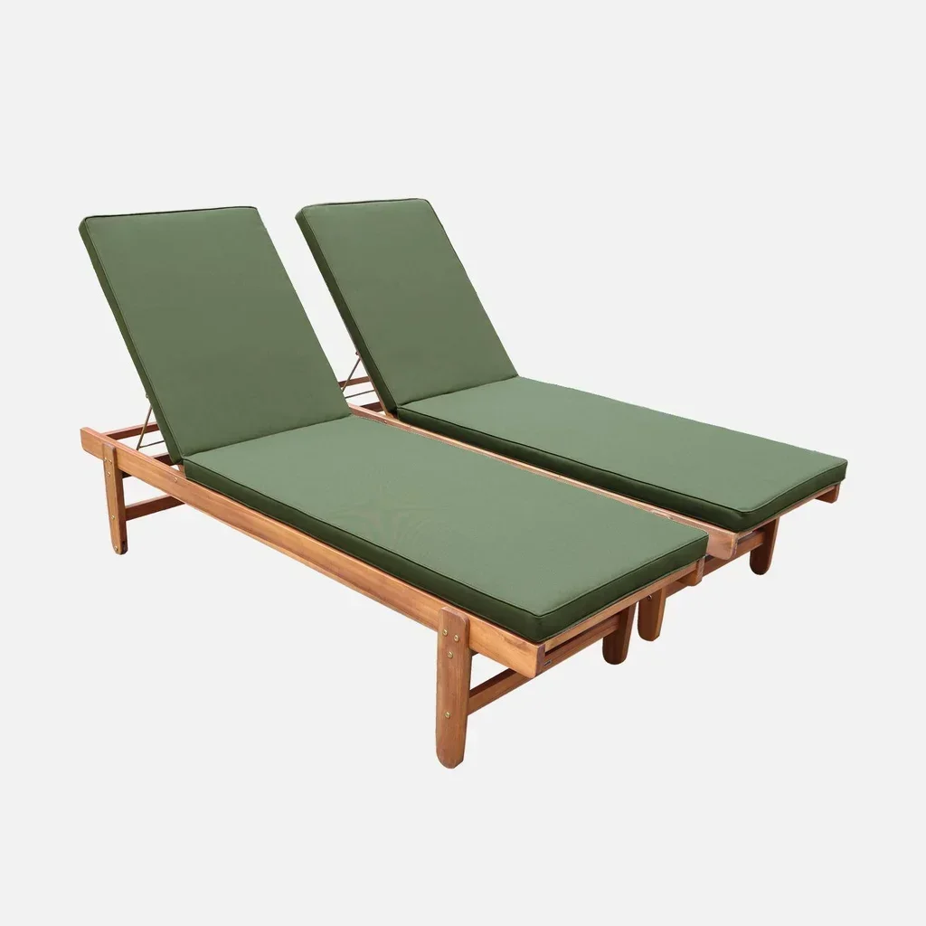 Espreguiçadeira Jardim Madeira Acácia Ajustável com Rodas - Conjunto 2 Espreguiçadeiras Exterior com Almofadas Macias 6cm