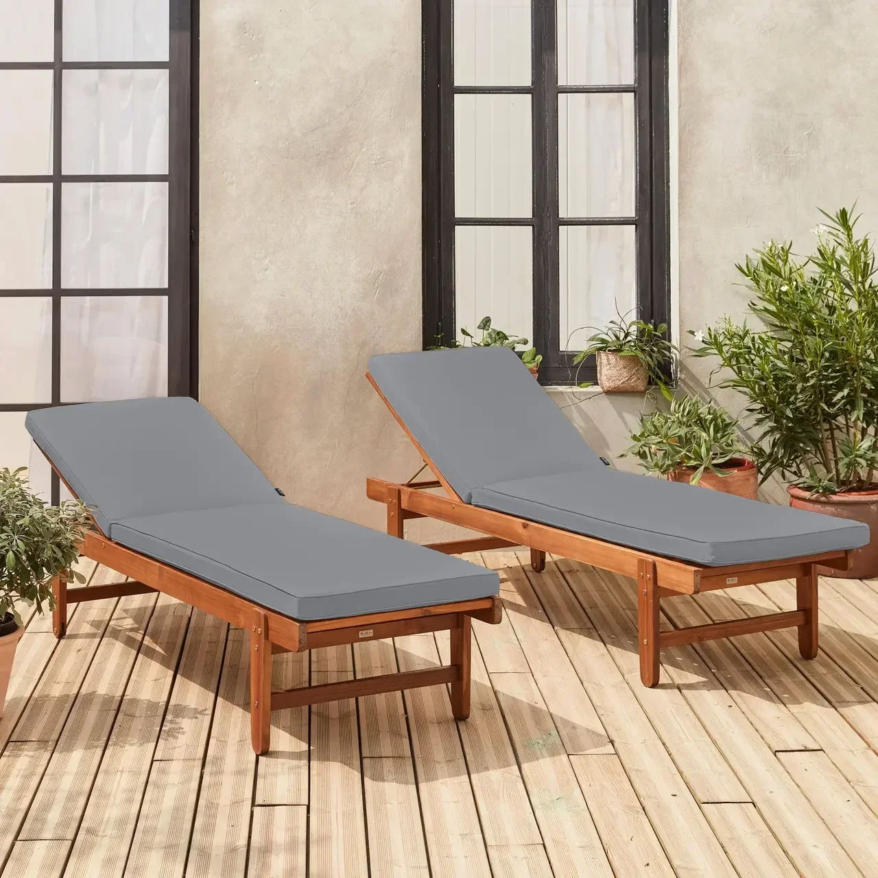 Lot 2 transats jardin bois acacia avec roulettes et coussins 6cm - Chaise longue réglable extérieur