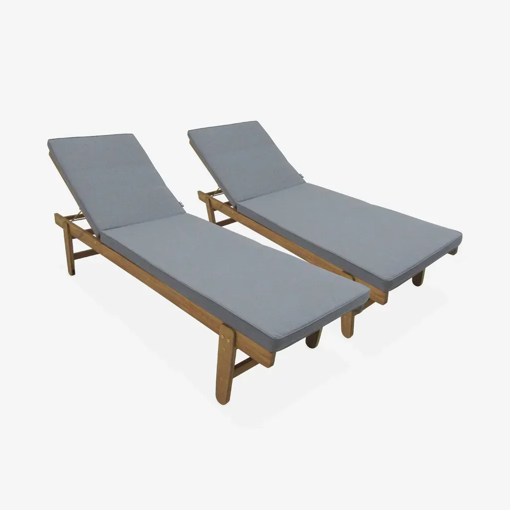 Conjunto 2 espreguiçadeiras de jardim madeira acácia com rodas e almofadas 6cm - Cadeira deitada ajustável exterior
