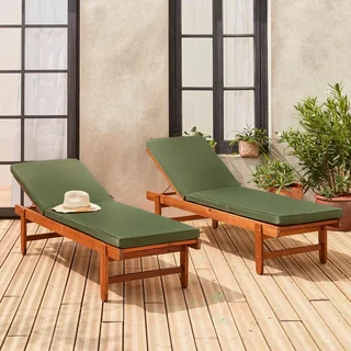 Espreguiçadeira Jardim Madeira Acácia Ajustável com Rodas - Conjunto 2 Espreguiçadeiras Exterior com Almofadas Macias 6cm