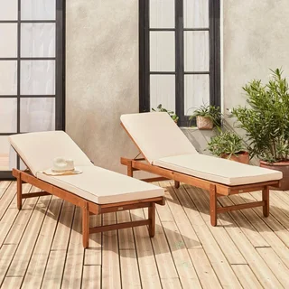 Espreguiçadeira de Madeira de Acácia Ajustável com Rodas - Conjunto 2 Chaise Longue Jardim