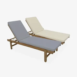 Conjunto 2 espreguiçadeiras de jardim madeira acácia com rodas e almofadas 6cm - Cadeira deitada ajustável exterior