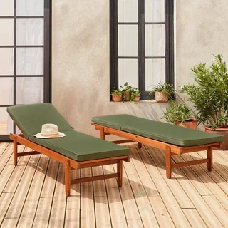 Espreguiçadeira Jardim Madeira Acácia Ajustável com Rodas - Conjunto 2 Espreguiçadeiras Exterior com Almofadas Macias 6cm