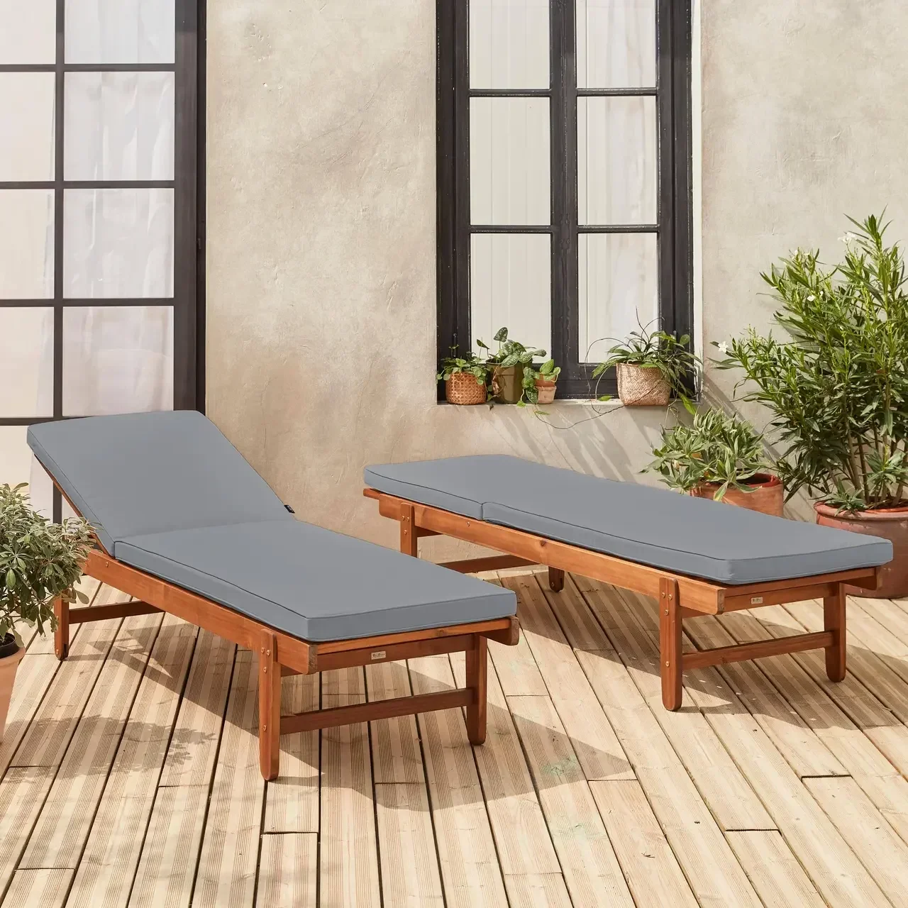Lot 2 transats jardin bois acacia avec roulettes et coussins 6cm - Chaise longue réglable extérieur