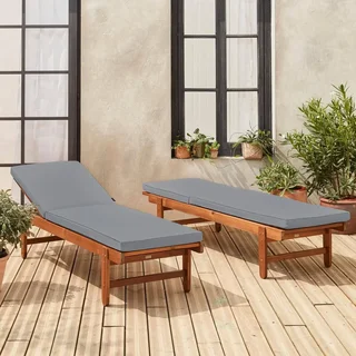 Conjunto 2 espreguiçadeiras de jardim madeira acácia com rodas e almofadas 6cm - Cadeira deitada ajustável exterior