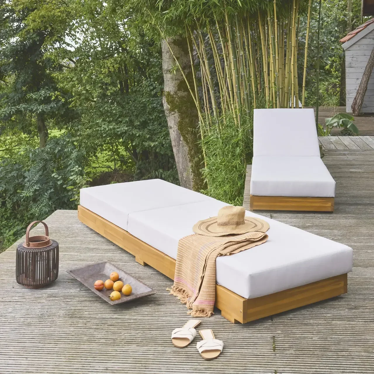 Chaise longue bois acacia réglable à roulettes - Lot 2 transats jardin