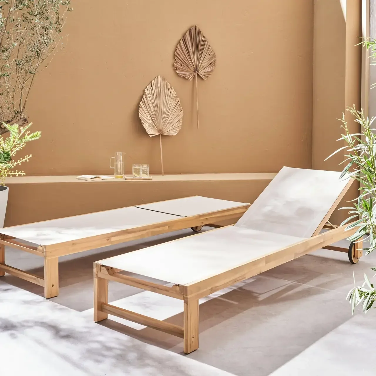 Chaise longue jardin bois acacia réglable à roulettes - Lot 2 transats extérieur textilène terrasse piscine