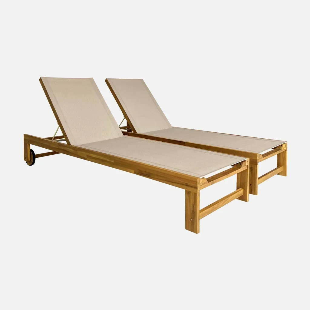Chaise longue jardin bois acacia réglable à roulettes - Lot 2 transats extérieur textilène terrasse piscine
