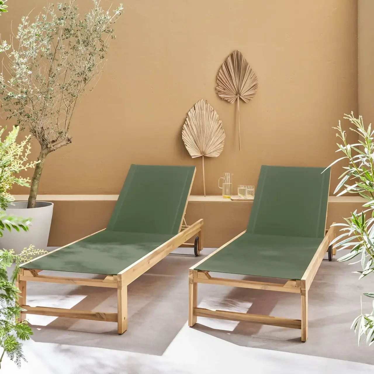 Chaise longue jardin bois acacia réglable à roulettes - Lot 2 transats extérieur