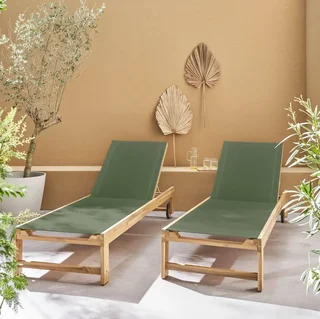 Chaise longue jardin bois acacia réglable à roulettes - Lot 2 transats extérieur