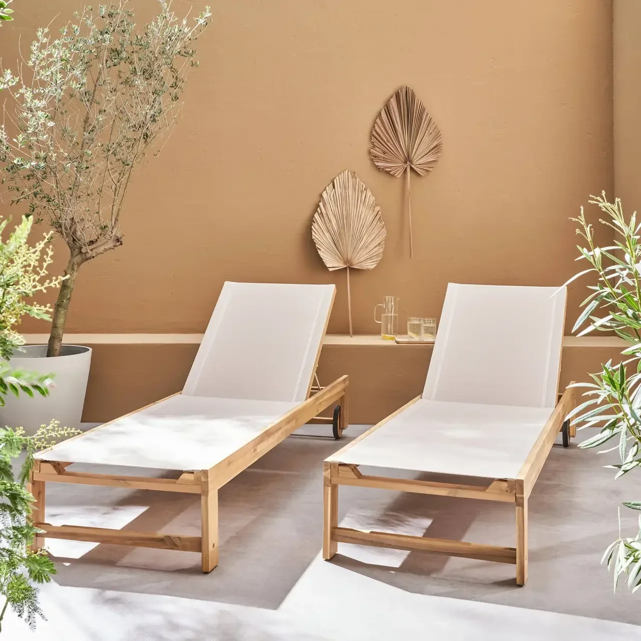 Chaise longue jardin bois acacia réglable à roulettes - Lot 2 transats extérieur textilène terrasse piscine
