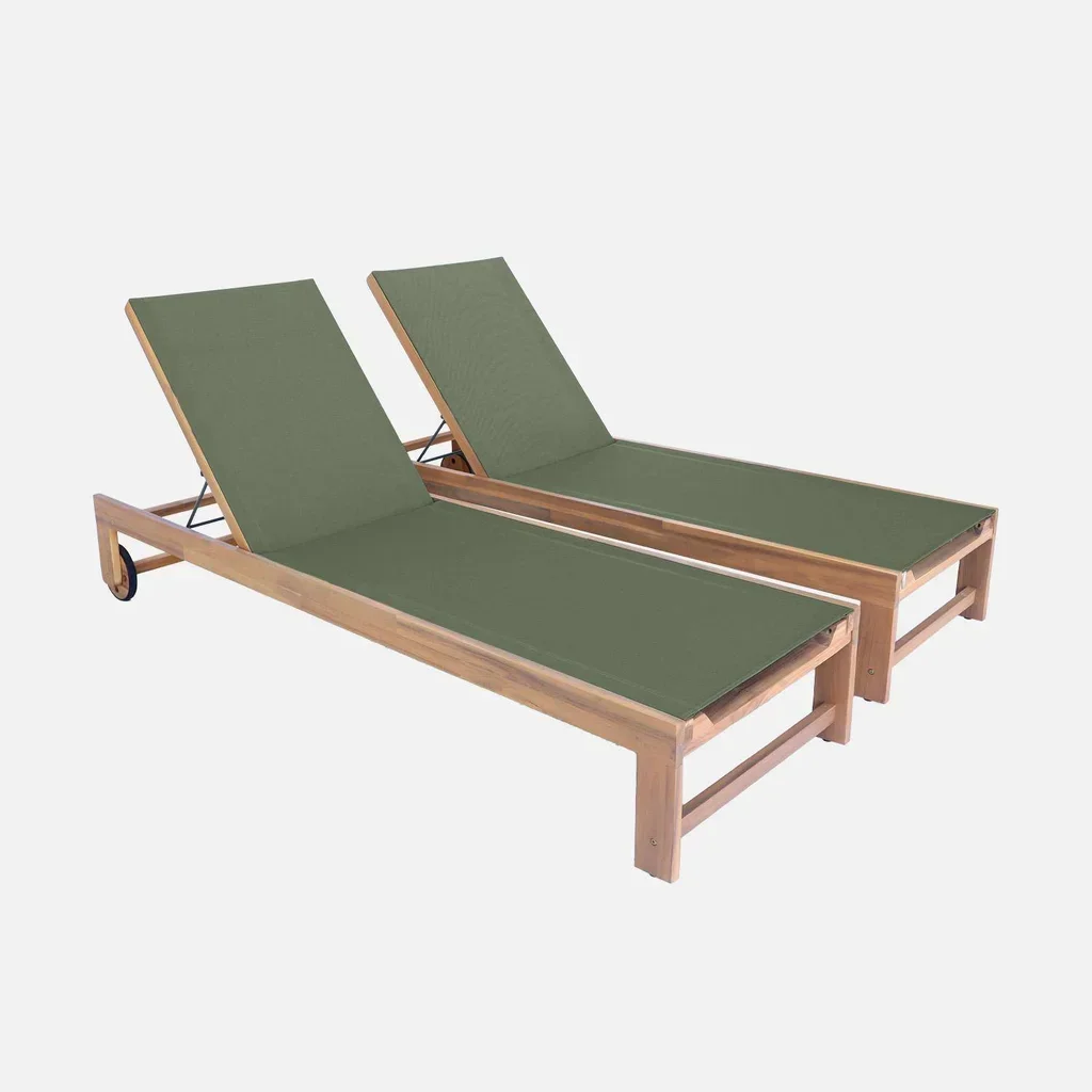 Chaise longue jardin bois acacia réglable à roulettes - Lot 2 transats extérieur