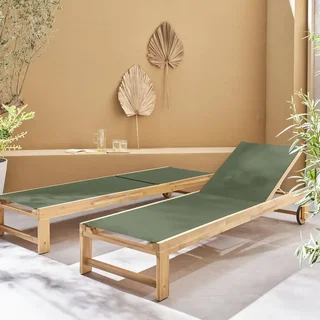 Chaise longue jardin bois acacia réglable à roulettes - Lot 2 transats extérieur