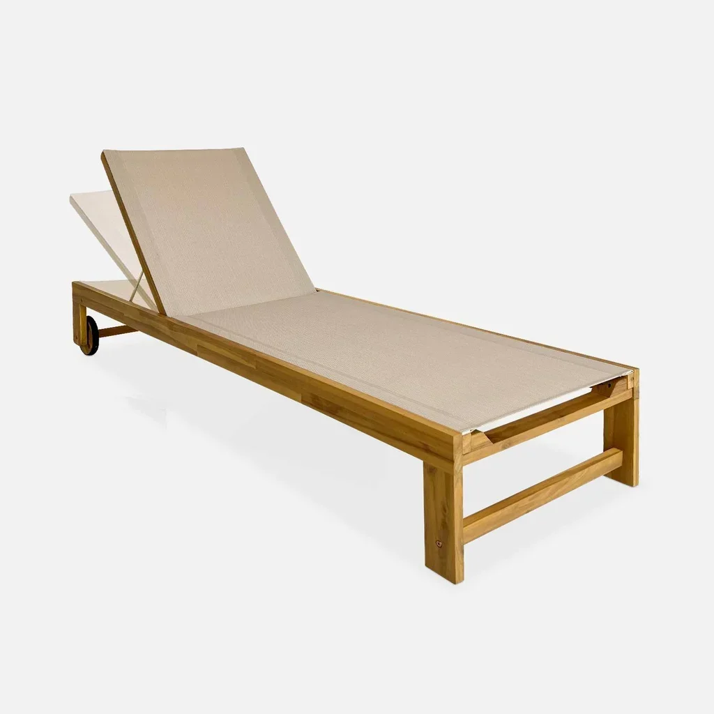 Chaise longue jardin bois acacia réglable à roulettes - Lot 2 transats extérieur textilène terrasse piscine