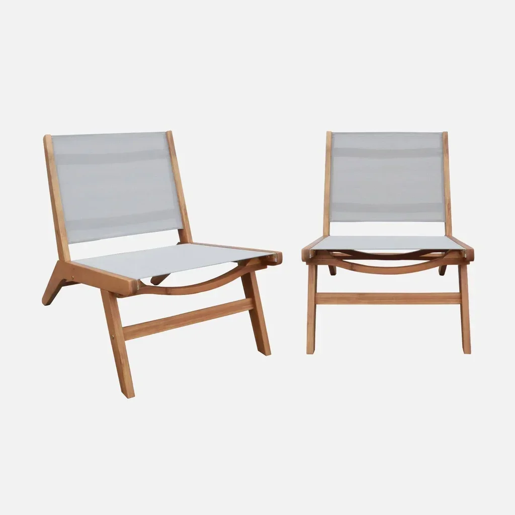 Chaise longue bois acacia textilène lot 2 fauteuils relax jardin terrasse