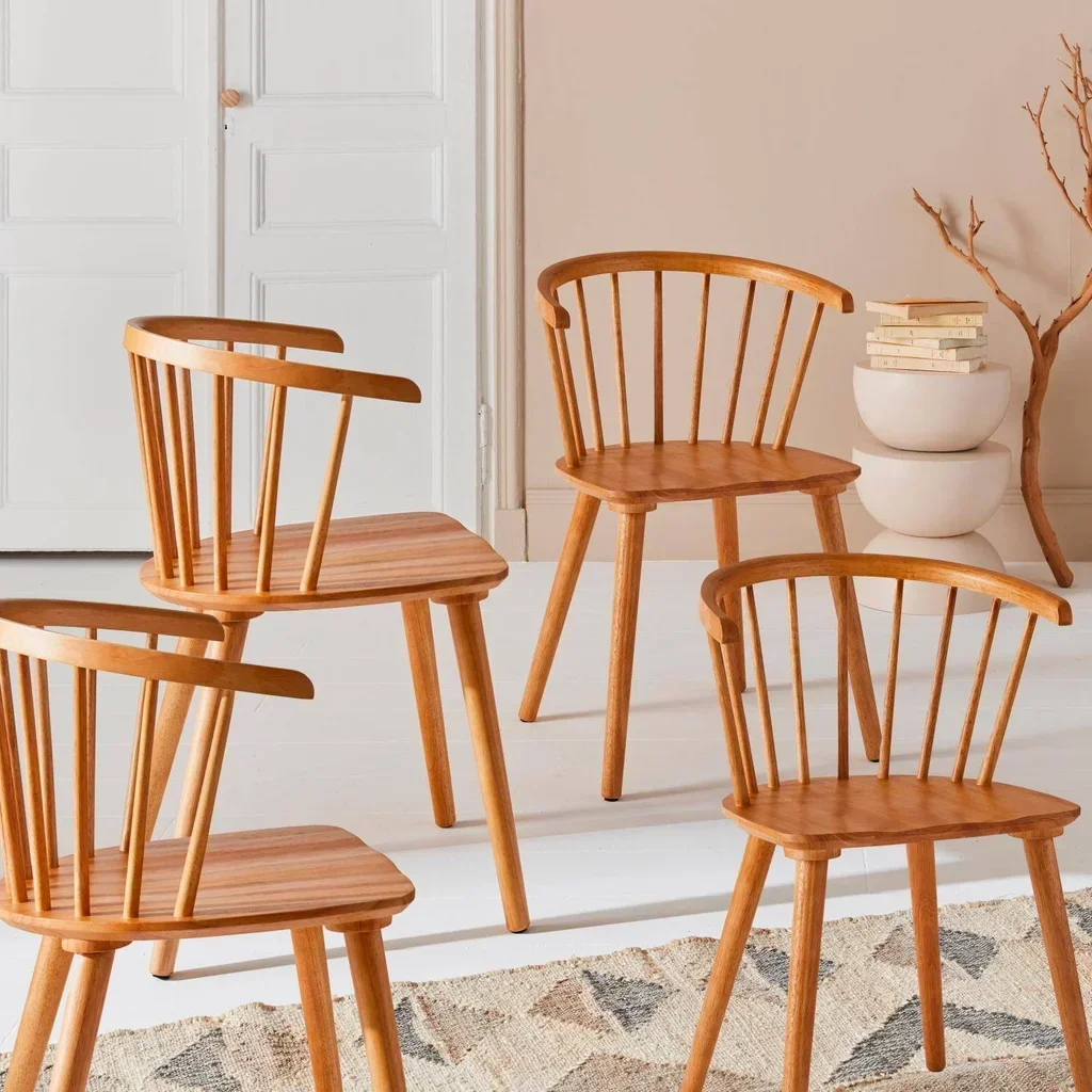 Lot de 4 chaises scandinaves bois hévéa dossier barreaux - Collection Paula