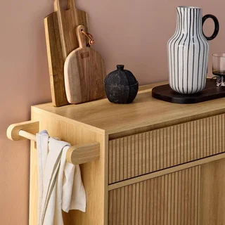 Desserte cuisine scandinave bois 1 tiroir 2 portes roulettes