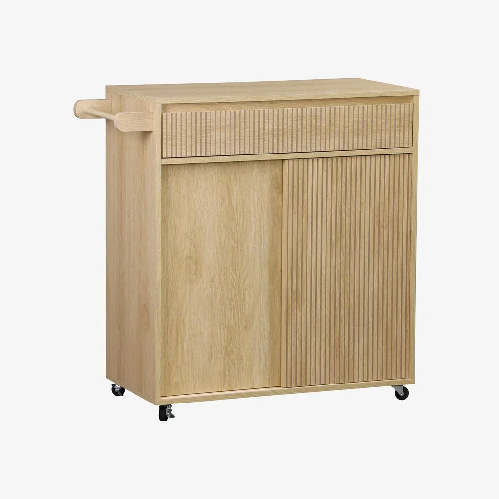 Desserte cuisine scandinave bois 1 tiroir 2 portes roulettes