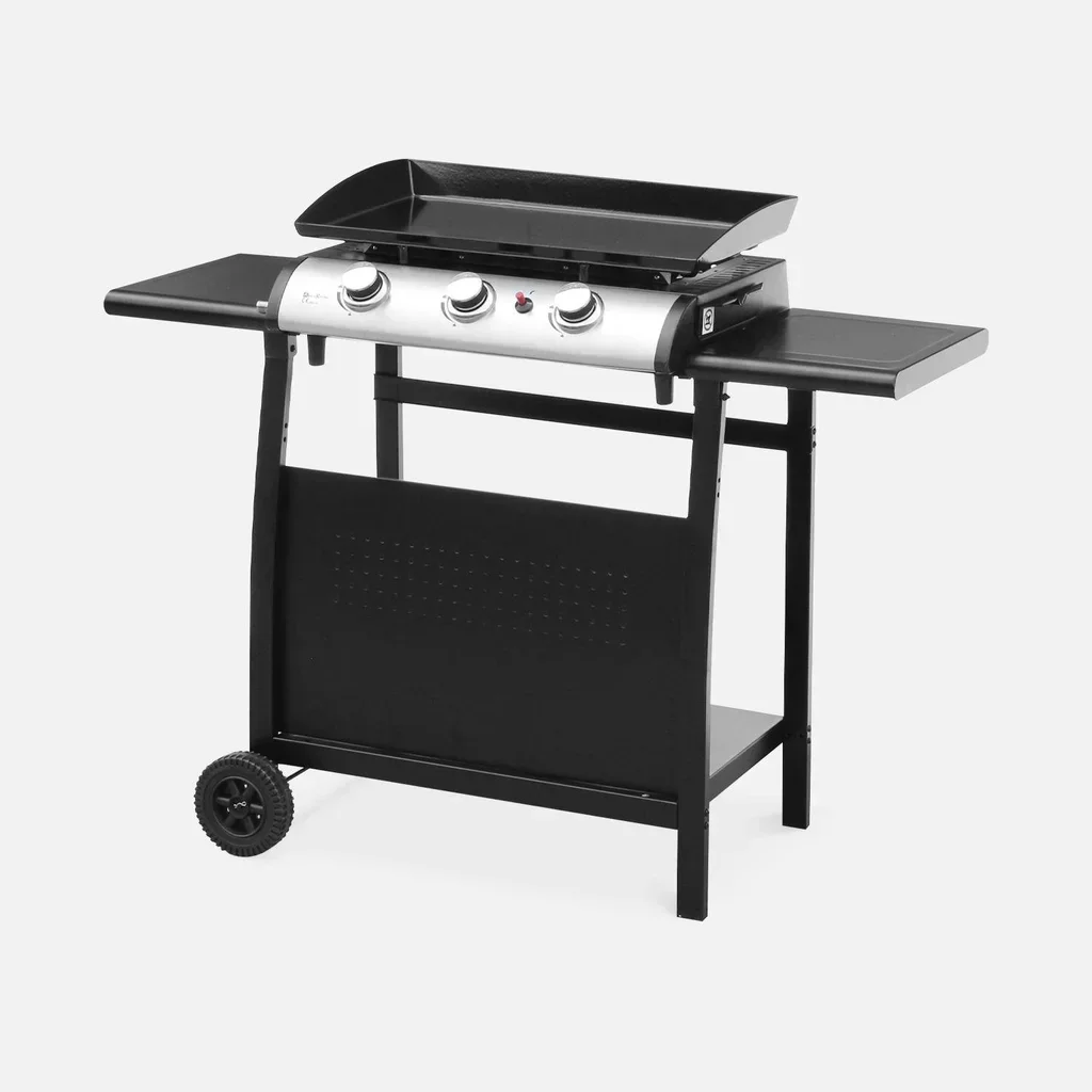 Chariot plancha 3 feux acier inox avec rangement gaz et roues