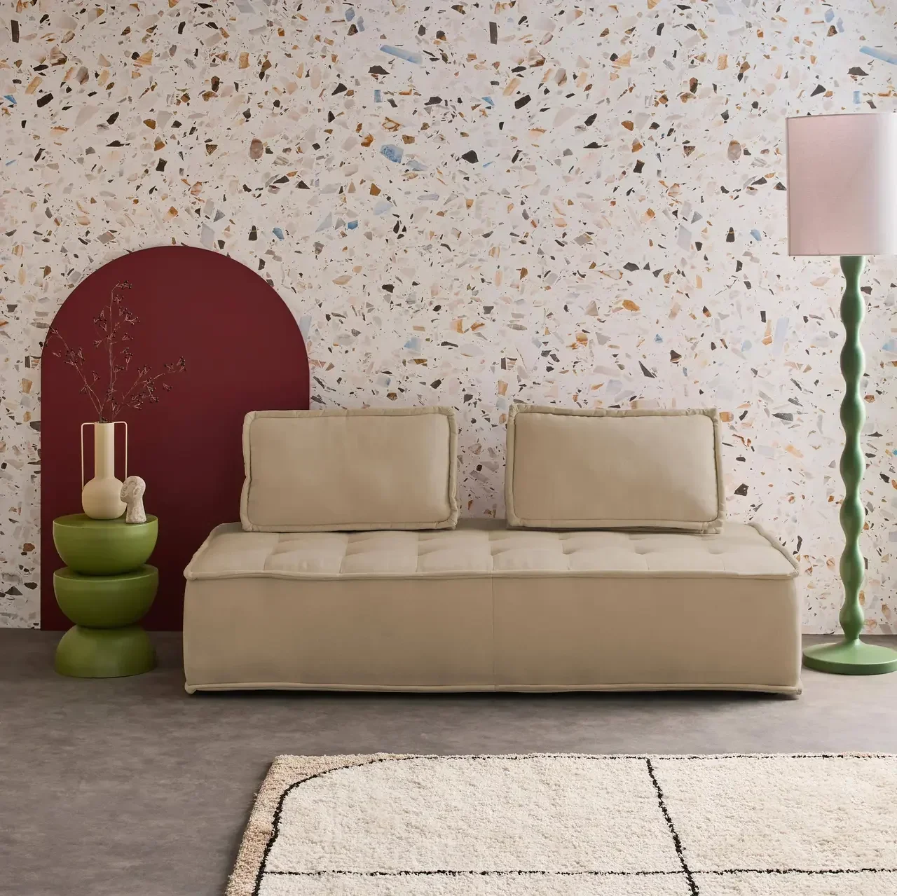 Chauffeuse modulable 2 places tissu capitonné beige vintage