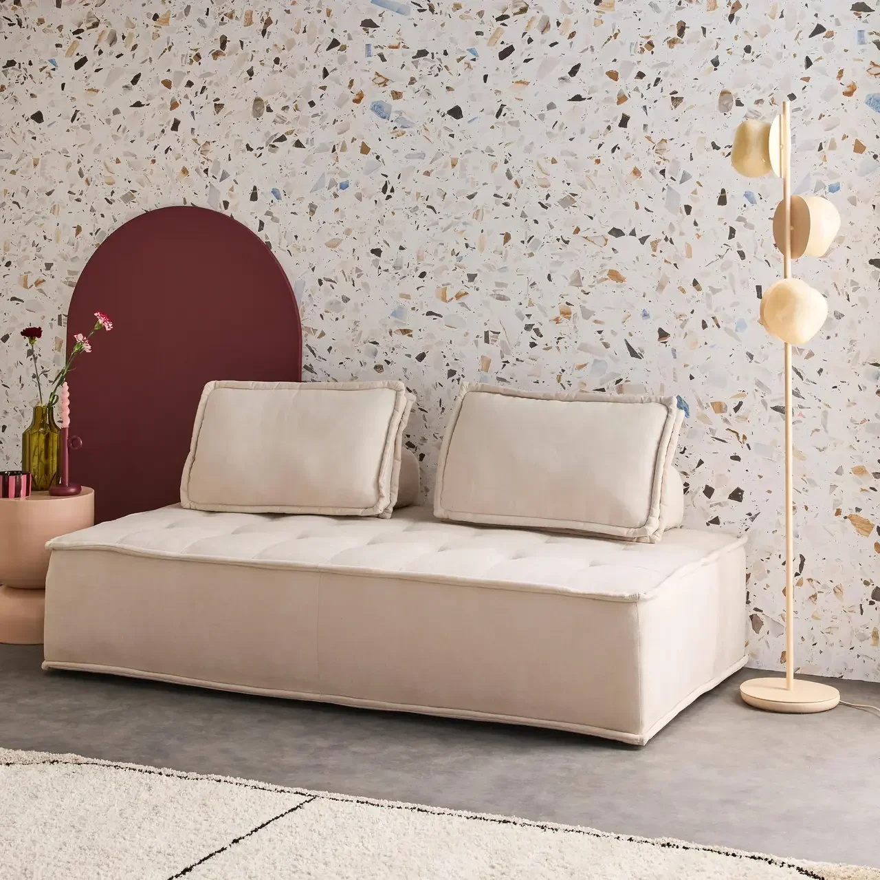Chauffeuse modulable 2 places tissu capitonné beige Dao